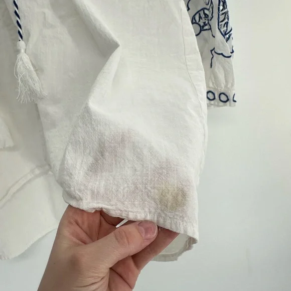 Anthropologie RD + Koko White Linen Blend Boho Blouse Embroidered Peasant Top - Picture 2 of 8